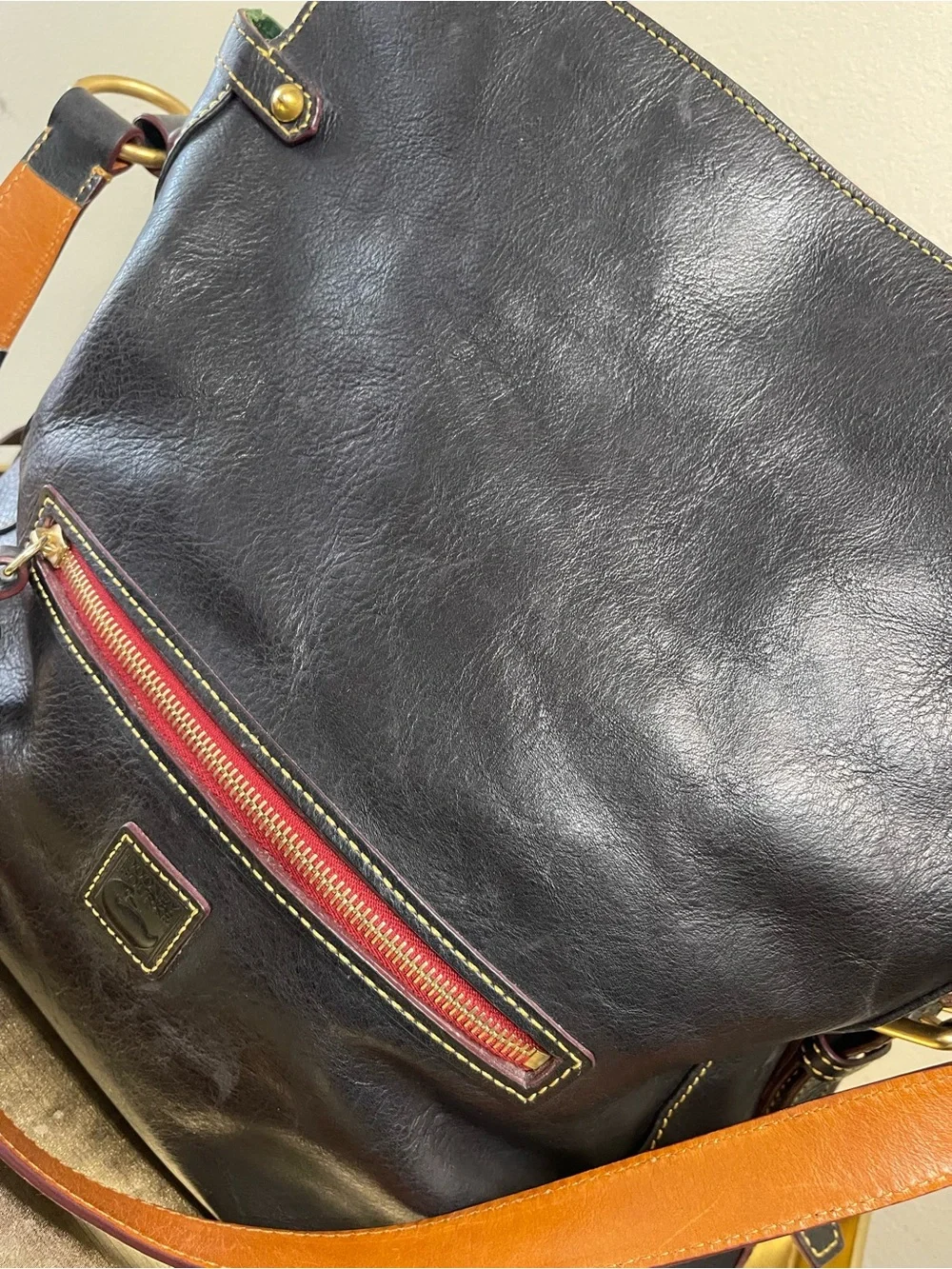 Dooney & Bourke Dark Brown Leather Hobo with Red Zip and Tan Strap